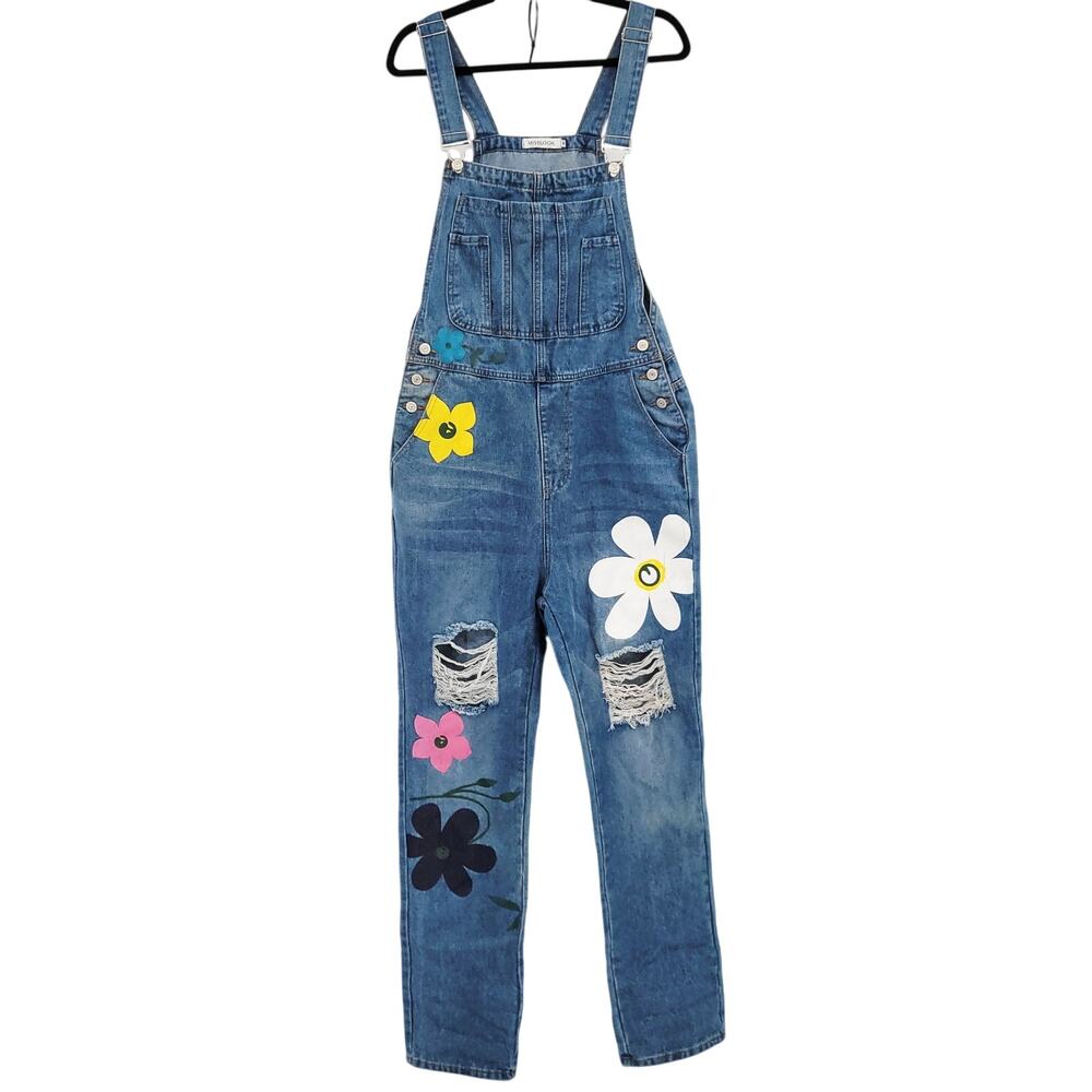 MISSLOOK Floral Hand-painted Denim Overalls Distressed Womens Size M Hippie Boho